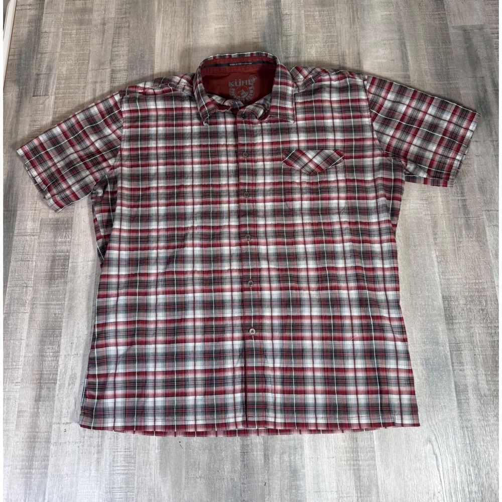 Kuhl Eluxur Mens XXL Red Grey Plaid Short Sleeve Button Up Shirt Stretch Outdoor